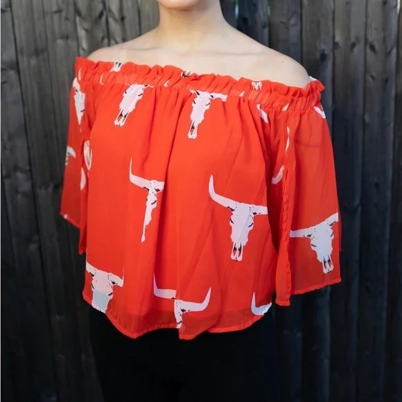 ❤️SOLD Peach Love California Cattle Skull Off The Shoulder Top, Red Orange, Ruf - Picture 2 of 16